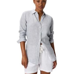 New Quince Women’s Small European Linen Long Sleeve Shirt Blue Pinstripe 4307-87